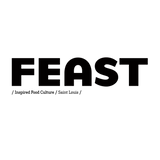 Black text 'FEAST' on a white background with additional text below.