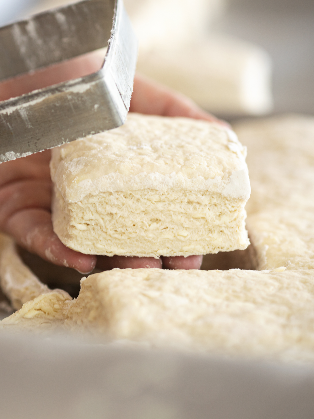 Biscuit being cut with a knife, with other biscuits in the background